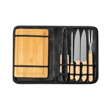 Barbecue set 6 pieces: 2 knives, sharpener, fork and tongs with wooden handles, bamboo cutting board, case included AIV8350-18