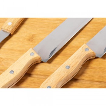 Barbecue set 6 pieces: 2 knives, sharpener, fork and tongs with wooden handles, bamboo cutting board, case included AIV8350-18
