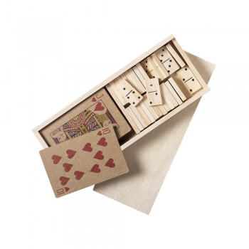Game set in wooden box 2 in 1: playing cards made from recycled cardboard and wooden domino AIV8425-00