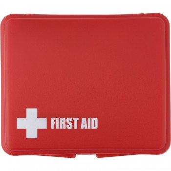 First aid kit in plastic case, 10 pcs First aid kit in plastic case, 10 pcs, includes: 5 plasters, 2 alcohol pads, non-woven tape, pair of scissors and sponge AIV8556-05