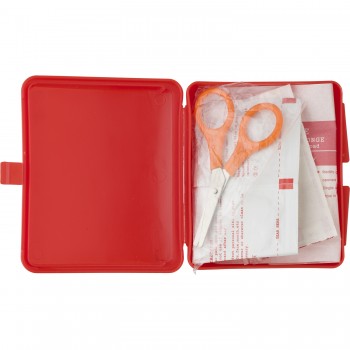 First aid kit in plastic case, 10 pcs First aid kit in plastic case, 10 pcs, includes: 5 plasters, 2 alcohol pads, non-woven tape, pair of scissors and sponge AIV8556-05