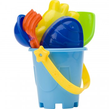 Beach bucket in 4 different colours and shapes - 2 round, 1 square and 1 octagonal, inside: shovel, fork, scoop, sand strainer and 2 modelling parts (fish and crab shapes), mix 4 patterns assorted AIV8649-99
