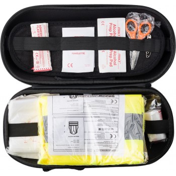 Car emergency first aid kit in pouch with zipped main compartment, 40 pcs, includes: dynamo torch, silver thermal blanket, alcohol pads (10 pcs), plasters (15 pcs), antiseptic cleansing wipes (2 pcs), scissors, pins (2 pcs), safety vest, tape, PBT bandage