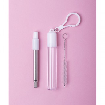 Extendable stainless steel drinking straw with silicone mouthpiece, reusable, cleaner and case with carabiner clip included AIV8809-02