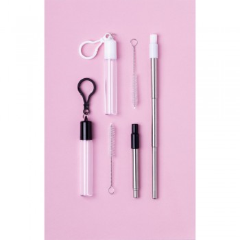 Extendable stainless steel drinking straw with silicone mouthpiece, reusable, cleaner and case with carabiner clip included AIV8809-03