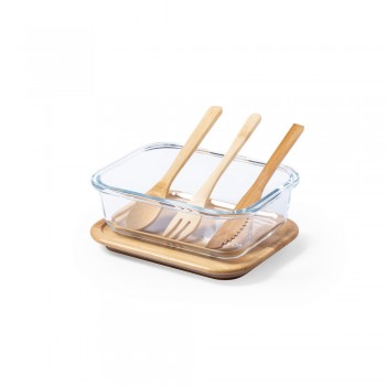 Glass lunch box 700 ml, bamboo lid and cutlery Glass lunch box 700 ml with bamboo lid and cutlery, combined with strap AIV8876-00