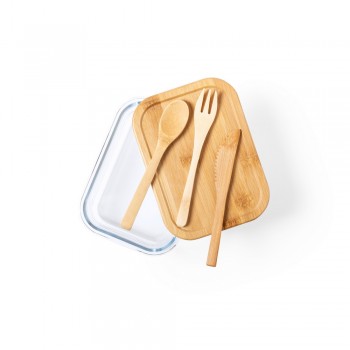 Glass lunch box 700 ml, bamboo lid and cutlery Glass lunch box 700 ml with bamboo lid and cutlery, combined with strap AIV8876-00