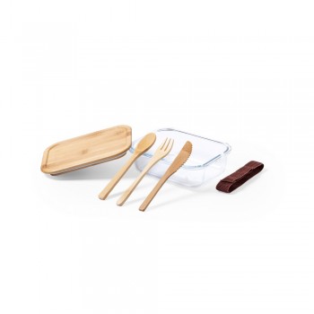 Glass lunch box 700 ml, bamboo lid and cutlery Glass lunch box 700 ml with bamboo lid and cutlery, combined with strap AIV8876-00