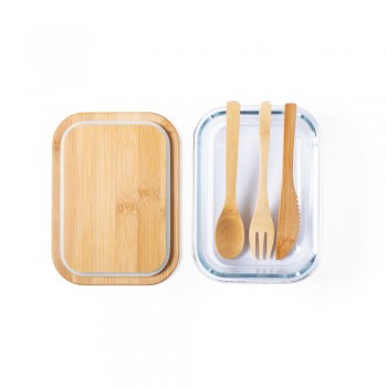 Glass lunch box 700 ml, bamboo lid and cutlery Glass lunch box 700 ml with bamboo lid and cutlery, combined with strap AIV8876-00