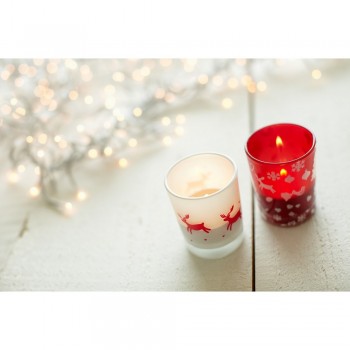 Decorated candle holder with tea light Decorated candle holder with tealight, wrapped in transparent foil with red ribbon AIV9513-02