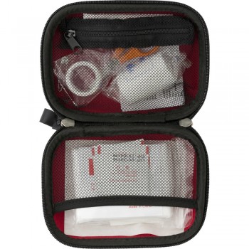 First aid kit in pouch, 16 pcs, includes: 1 sterile nonwoven pad, 1 roll bandage, 1 triangle bandage, 2 safety pins, scissors, 4 alcohol pads, 5 adhesive sterile plasters and 1 small role of tape AIV9546-05