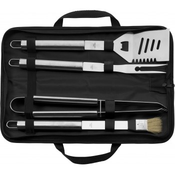 Barbecue set in zipper pouch with carry straps, 4 pcs, long brush, tong, meat fork and spatula AIV9655-03