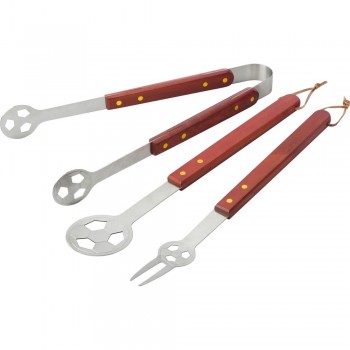 Apron football barbecue set, 3 pcs, includes spatula, fork and tongs with wooden handles and with cut out of football AIV9656-06