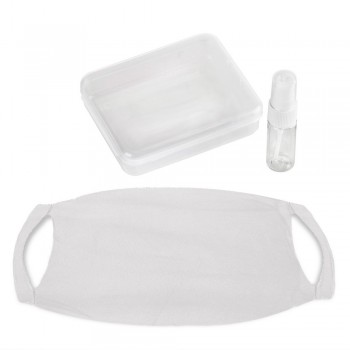 Set in box, 15 ml spray bottle for disinfectant, face mask with silver ions and place for filter, non-medical, reusable, made of 100% polyamide 250 g/m2, silver ions last up to 20 washes, washing temperature up to 90 degrees Celsius, mask made in Poland A