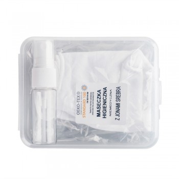 Set in box, 15 ml spray bottle for disinfectant, face mask with silver ions and place for filter, non-medical, reusable, made of 100% polyamide 250 g/m2, silver ions last up to 20 washes, washing temperature up to 90 degrees Celsius, mask made in Poland A
