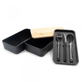 Lunch boxes 2 in 1, 2x500 ml, bamboo lid, cutlery | Tijani