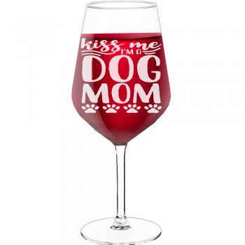 Liela Vīna Glāze ar Uzrakstu - "Kiss Me I'M A Dog Mom", Neparasta Dāvana, Tilpums 530ml
