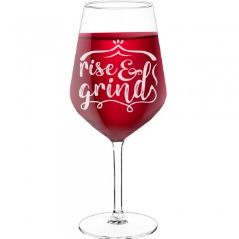 Liela Vīna Glāze ar Uzrakstu - "Rise Grind", Ideja Dāvanai, 530ml izmērs