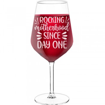 Wine Glass For Men With Engraved Text - "Rocking Motherhood Since Day One-2", Wine Lover Gifts, Size 530ml