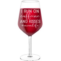 Wine Glass With Engraved Text - "I Run On Caffeine And Kisses #Momlife', Birthday Gift Idea, Size 530ml