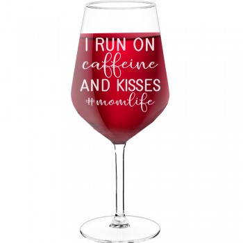 Wine Glass With Engraved Text - "I Run On Caffeine And Kisses #Momlife', Birthday Gift Idea, Size 530ml