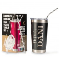 Personalised Travel Mug Stainless Steel 550ml with 2 Straws & Free Cleaning Brush|Different Designs| Double Walled Insulated Coffee Cup for Travel, Work, Gym - Black