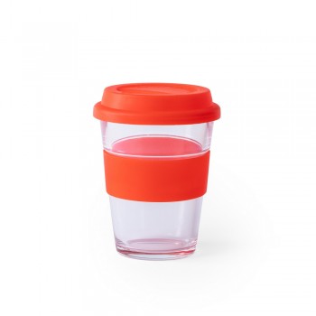 Glass travel mug 350 ml with colourful silicone band and matching silicone lid AIV0987-05