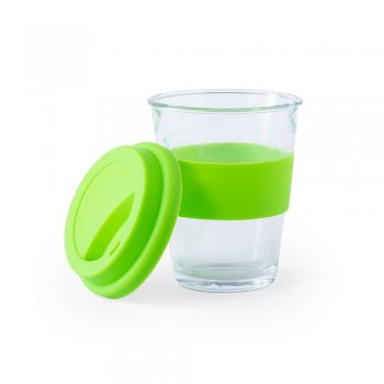 Glass travel mug 350 ml with colourful silicone band and matching silicone lid AIV0987-10