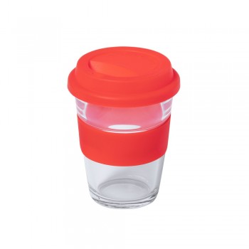 Glass travel mug 350 ml with colourful silicone band and matching silicone lid AIV0987-05 Glass travel mug 350 ml with colourful silicone band and matching silicone lid AIV0987-05