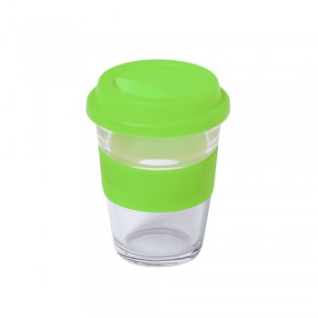 Glass travel mug 350 ml with colourful silicone band and matching silicone lid AIV0987-10 Glass travel mug 350 ml with colourful silicone band and matching silicone lid AIV0987-10