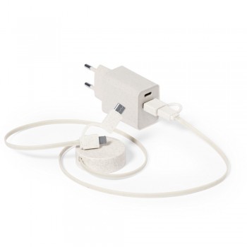Wheat straw charging travel set, retractable charging and synchronization cable, wall charger, cotton pouch