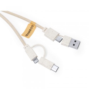 Wheat straw and cotton charging cable with carabiner clip, bamboo element