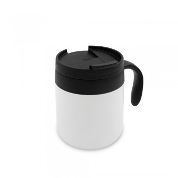 Thermo mug 400 ml with handle, double vacuum walled, stainless steel inside and outside, plastic lid, suitable for single hand operation, mat finish, thermal insulation scale: 2 AIV4838-02