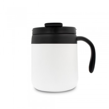 Thermo mug 400 ml with handle, double vacuum walled, stainless steel inside and outside, plastic lid, suitable for single hand operation, mat finish, thermal insulation scale: 2 AIV4838-02