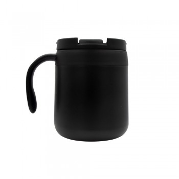 Thermo mug 400 ml with handle, double vacuum walled, stainless steel inside and outside, plastic lid, suitable for single hand operation, mat finish, thermal insulation scale: 2 AIV4838-03