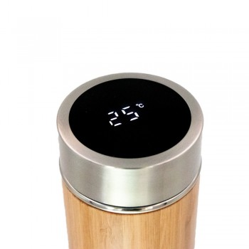 Bamboo vacuum flask 500 ml with sieve stopping dregs, leakproof lid with digital beverage temperature display, double vacuum walled, stainless steel inside and outside, thermal insulation scale: 3 +leakproof AIV4871-17