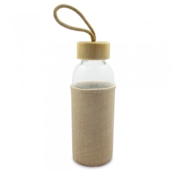 Glass sports bottle 420 ml with pouch, bamboo lid with handle AIV6980-00 Glass sports bottle 420 ml with pouch, bamboo lid with handle AIV6980-00