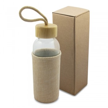 Glass sports bottle 420 ml with pouch, bamboo lid with handle AIV6980-00 Glass sports bottle 420 ml with pouch, bamboo lid with handle AIV6980-00