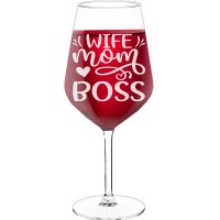 White Wine Glass With Engraved Text - "Wife Mom Boss', Birthday Gift Idea, Size 530ml
