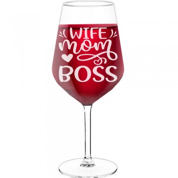 Stikla Vīna Glāze ar Uzrakstu - "Wife Mom Boss", Dāvana Draudzenei, Tilpums 530ml