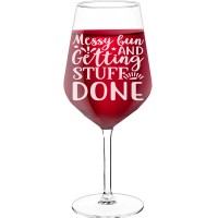 Personalised Wine Glass With Engraved Text - "Messy Bun And Getting Stuff Done', Birthday Gift Idea, Size 530ml