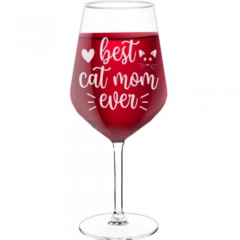 Liela Vīna Glāze ar Uzrakstu - "Best Cat Mom Ever 1", Ideja Dāvanai, 530ml izmērs