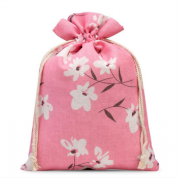Bag like linen with printing 22 x 30 cm - natural / pink flowers