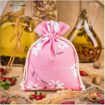 Bag like linen with printing 22 x 30 cm - natural / pink flowers