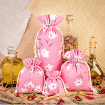 Bag like linen with printing 22 x 30 cm - natural / pink flowers