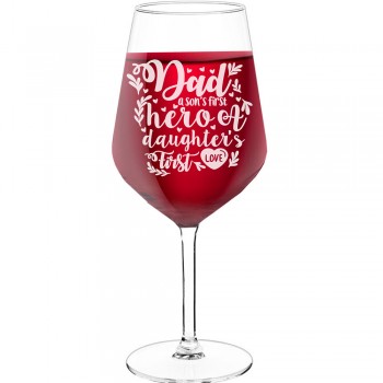 Vīna Glāzes Dāvanai ar Uzrakstu - "Dad A Sons First Hero", Ideja Dāvanai, 530ml izmērs