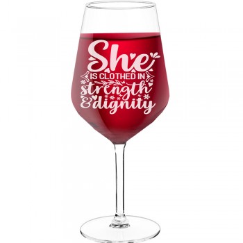 18Th Birthday Wine Glass With Engraved Text - "She Is Clothed In Strength & Dignity", Wine Glass as a Gift, Size 530ml