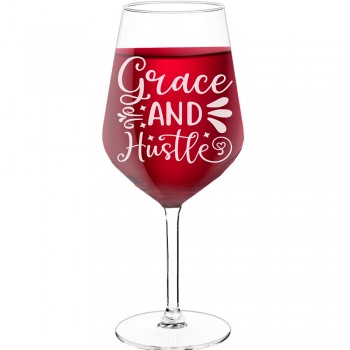 Vīna Glāzes Dāvanai ar Uzrakstu - "Grace And Hustle", Neparasta Dāvana, Tilpums 530ml