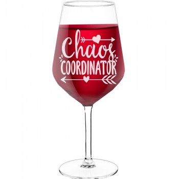 Sarkanvīna Glāzes ar Uzrakstu - "Chaos Coordinator 2", Dāvana Draugam, Tilpums 530ml