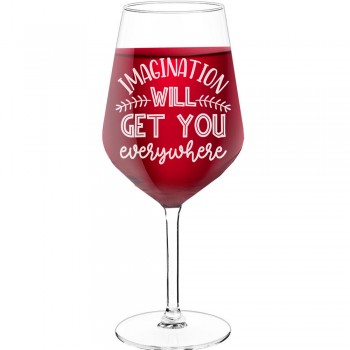 Wine Glass Personalised With Engraved Text - "Imagination Will Get You Everywhere", Gifts for Wine Lovers, Size 530ml